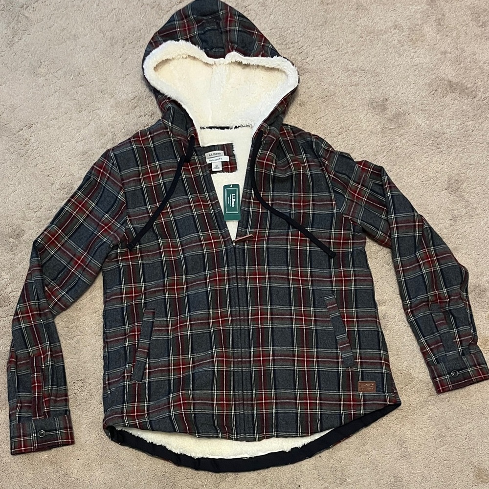 L.L. Bean Red and Gray Plaid Sherpa-Lined Hoodie